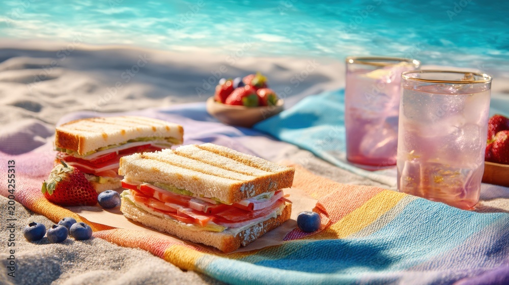 Fototapeta premium Fresh sandwich and fruit on a colorful blanket at the beach. Picnic meal with toast and berries by the ocean. Summer vacation snack concept for healthy lifestyle and outdoor dining.