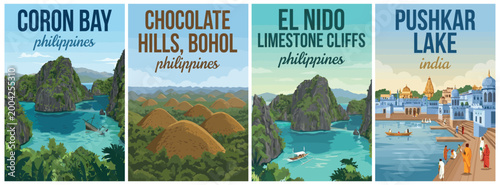 Vintage philippines and india travel poster set. Including coron bay, chocolate hills bohol, el nido limestone cliffs, and pushkar lake. Retro vector illustration.