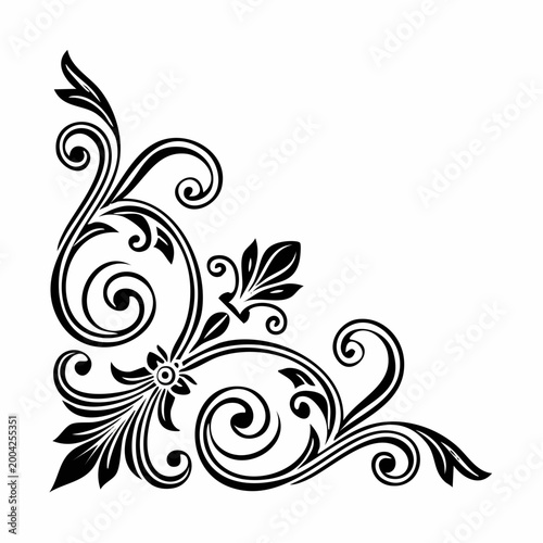 Black and white ornate corner flourish with floral elements