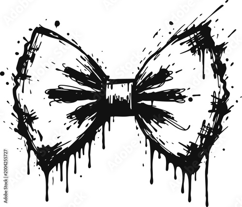 Black ink dripping bow tie illustration grunge fashion accessory drawing with splatter effect