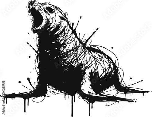 Ink splatter illustration of roaring sea lion black paint strokes and splashes animal drawing on white background