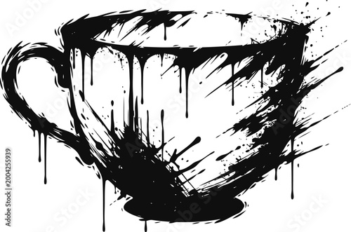 Black ink splattered teacup illustration with dripping paint and artistic brush strokes