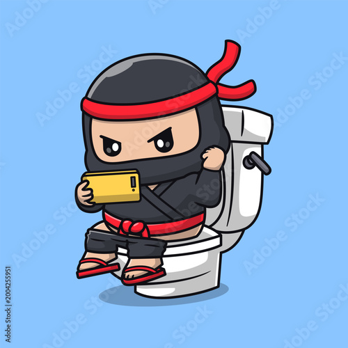 Cute Ninja Playing Phone On Toilet Cartoon 
