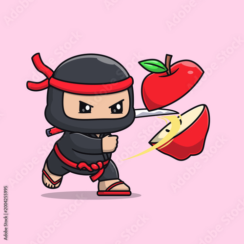Cute Ninja Slash Apple With Sword Cartoon