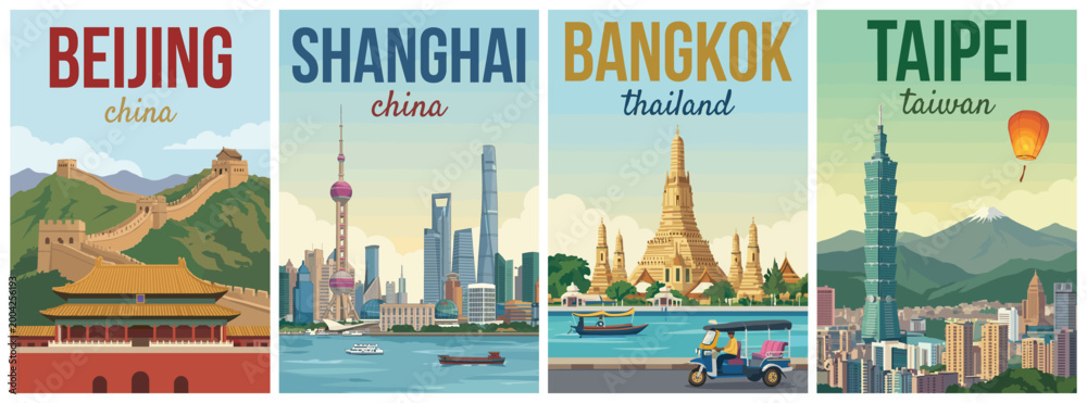 Obraz premium Vintage asia travel poster set. Including beijing, shanghai china, bangkok thailand, and taipei taiwan. Minimalist flat vector landscape wall art prints.