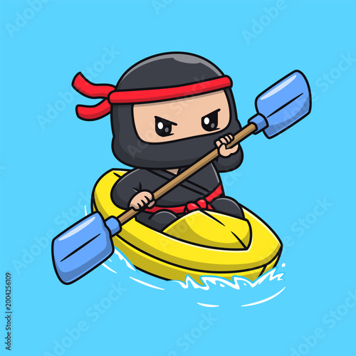 Cute Ninja Riding Boat Rafting Cartoon