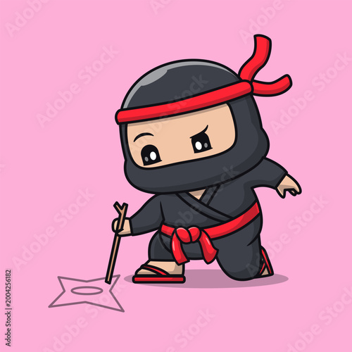 Cute Ninja Drawing Shuriken With Stick Cartoon