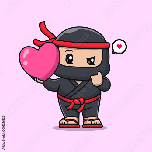 Cute Ninja Holding Love Heart Balloon Cartoon