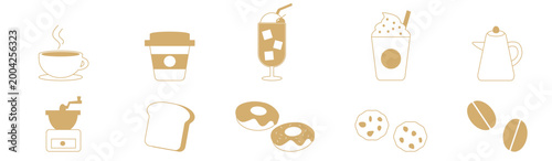 Simple beige cafe drink and dessert icon set, hand drawn style minimal food collection