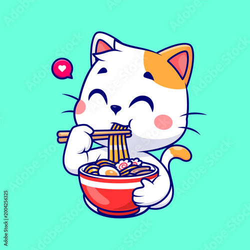 Cute Cat Eating Ramen Noodle Cartoon 