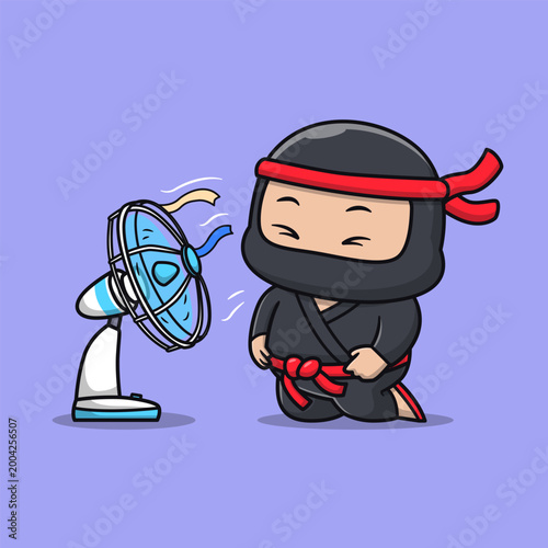 Cute Ninja Sitting With Fan Cartoon
