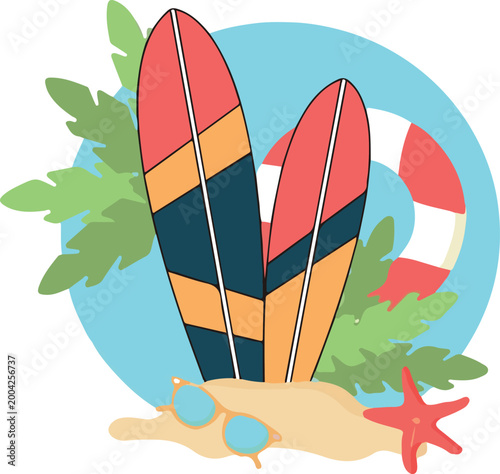 Three Surfboards Standing Upright on Sandy Beach – Colorful Surf Boards in Tropical Summer Setting, Ocean Waves Background, Surfing Lifestyle Travel Vacation Concept Image