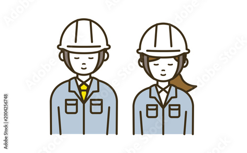 丁寧な挨拶と感謝を伝える作業員の男女ペアセット｜作業服・ネクタイ・ブラウス・お辞儀