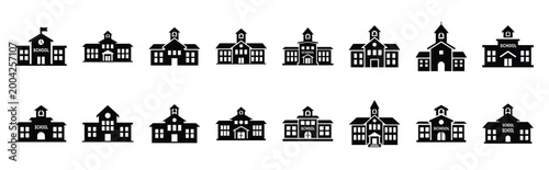 school building silhouette icon set