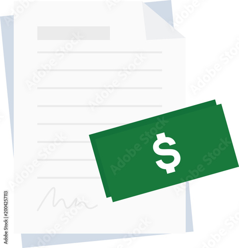 Flat vector illustration depicting a document with a signature and money placed on top, symbolizing bribery, corruption, illegal payments, and unethical business practices.