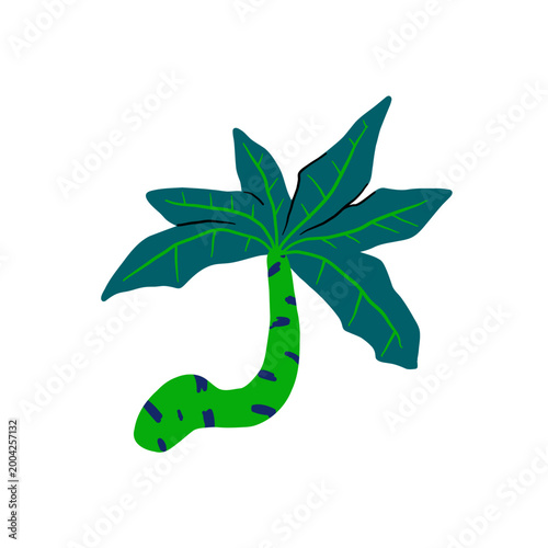 Vector palm tree in green doodle style. Hawaiian resort tree with exotic foliage. Summer jungle plants on a paradise island.