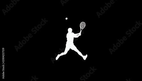 Isolated White Silhouette Of Tennis Player In Action On Black Background
