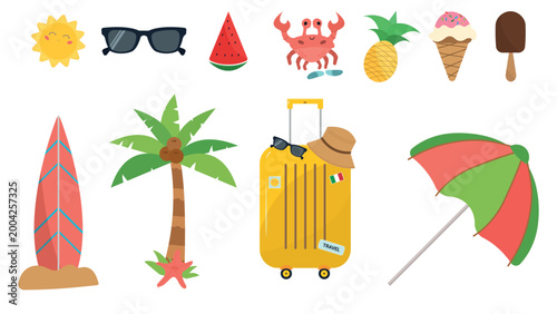 Summer Vacation Icons Set in Flat Vector Style. Perfect for seasonal design, travel concepts, posters, stickers, and digital projects isolated on light background.