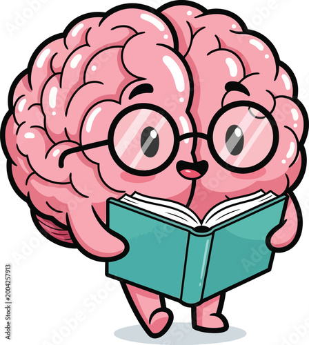 Cute pink cartoon brain character wearing glasses reading a book.