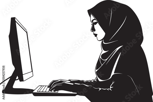 Muslim woman wearing a purple hijab works on her laptop while sitting in a beanbag chair surrounded by business data icons.