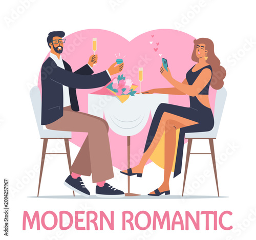 Modern romantic couple date funny characters design illustration