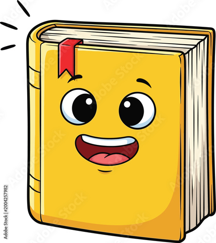 Cute yellow cartoon book character with a smiling face and red bookmark.