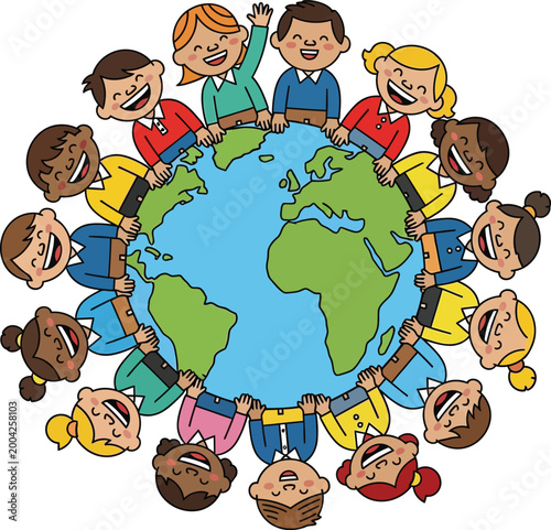 Diverse happy children holding hands around the planet earth globe vector illustration.