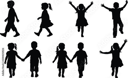 Black silhouettes of children walking, running, jumping, and holding hands representing playful childhood activity and friendship