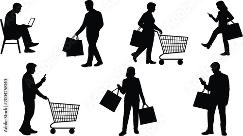 Black silhouettes of modern people shopping and using technology devices representing consumer lifestyle and digital habits