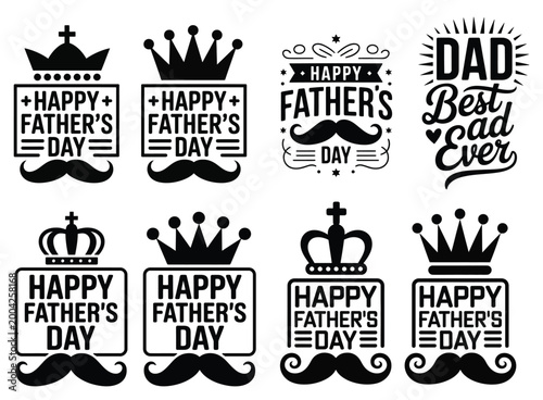 Collection of graphic design elements for fathers day celebration with crowns and mustaches