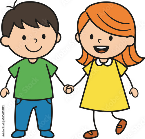 Cartoon children holding hands smiling together, colorful illustration symbolizing friendship, companionship, childhood bonding, and happiness
