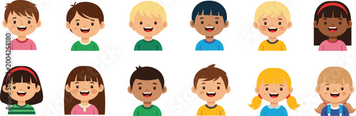 Cartoon children avatar set illustration showing diverse hairstyles, clothing colors, and smiling faces for education and design use
