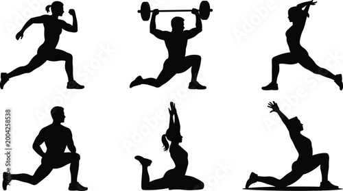 Collection of six athletic fitness silhouettes showing running, weightlifting, lunges, stretching, and dynamic exercise movements