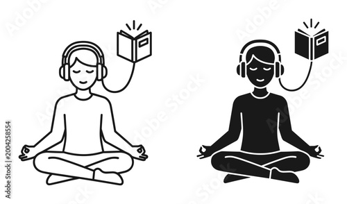 Audiobook meditation icon set, person listening to book with headphones, outline and solid style, white background, vector Illustration