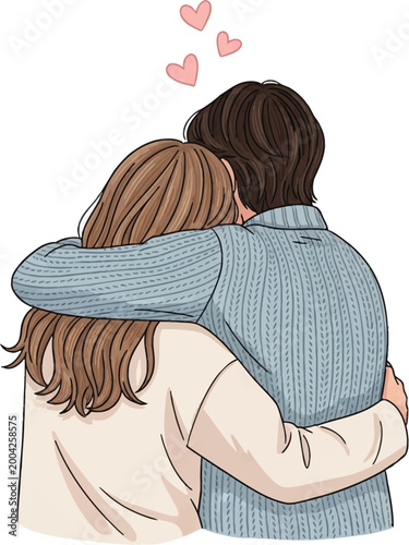 Hand drawn illustration of a loving young couple hugging with pink hearts.