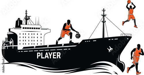 Creative illustration of basketball players interacting with cargo ship symbolizing teamwork, strength, and dynamic sports lifestyle concept