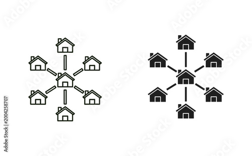 Decentralized network icon set with houses, outline and solid style, white background, vector Illustration