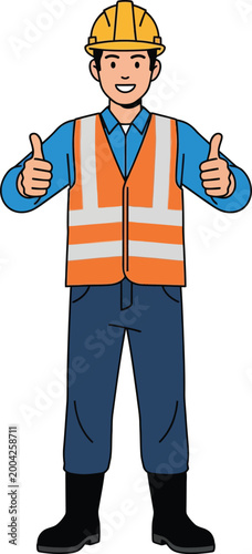 Illustration of a happy construction worker wearing safety gear and giving thumbs up.