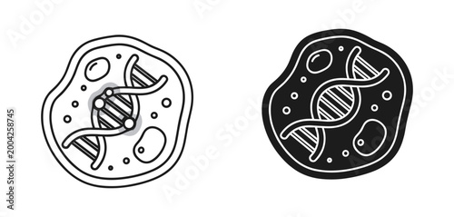 DNA cell icon set with outline and solid styles, white background, vector Illustration