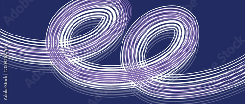 Abstract Spiral Wave Lines Background, Purple White Swirl Flow on Dark Blue, Dynamic Motion Design