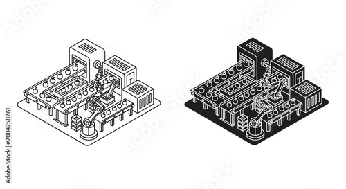 Automated factory icon outline and solid, white background, vector Illustration