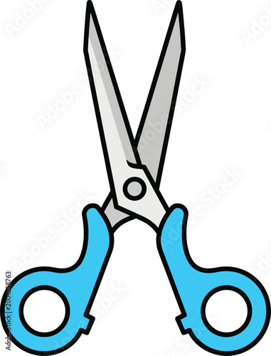 Illustration of a pair of open blue handled scissors with silver blades.