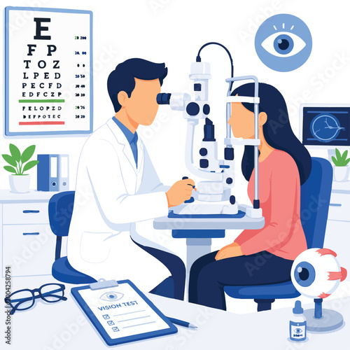 Faceless eye checkup flat vector illustration, vision test doctor patient ophthalmology concept