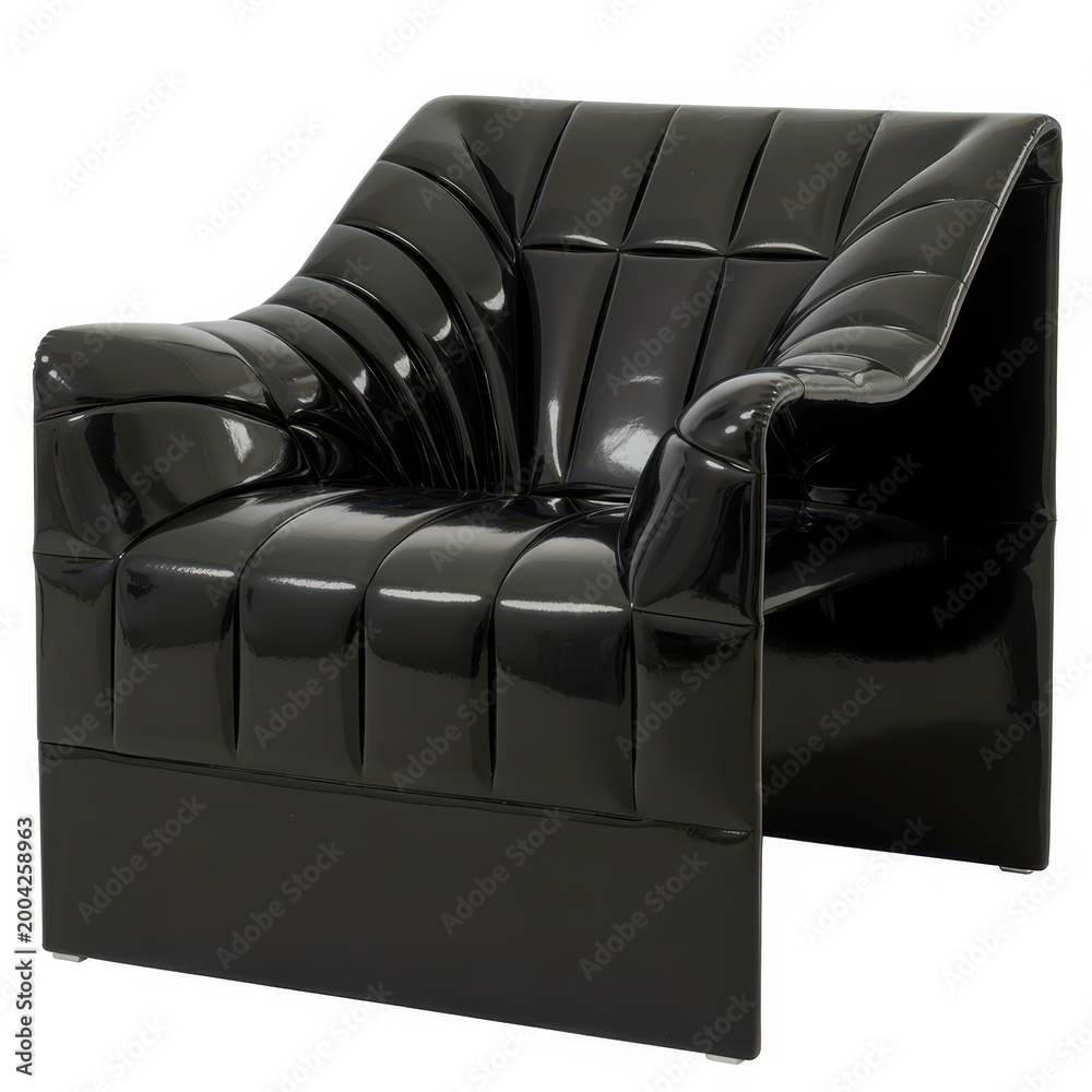 Fototapeta premium A glossy black armchair with a quilted pattern isolated on a plain white background