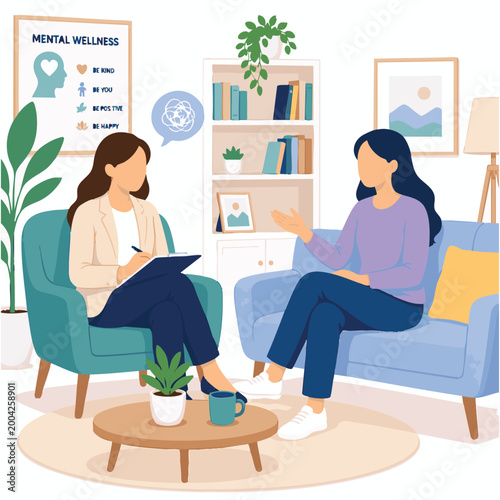 Faceless mental health counseling flat vector illustration, therapist and patient discussion concept