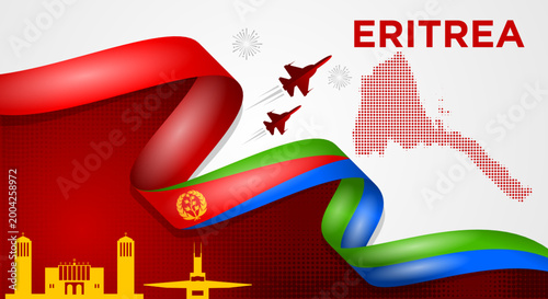 Eritrea Flag Wave Background with Map and Ribbon Style Vector Illustration