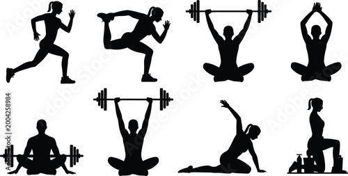 Silhouette collection of people performing fitness exercises including running, stretching, yoga, meditation, and weightlifting activities