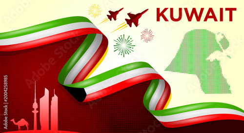 Kuwait Flag Wave Background with Map and Ribbon Style Vector Illustration