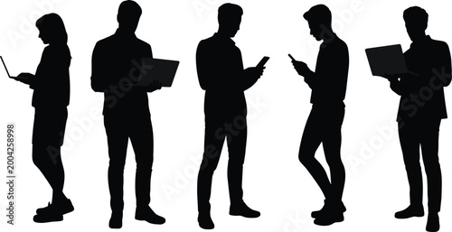 Silhouette group of people using laptops and smartphones representing modern digital lifestyle and technology connectivity concept