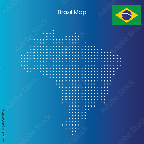 Brazil's dotted map is shown with its national flag on a vibrant blue gradient background.